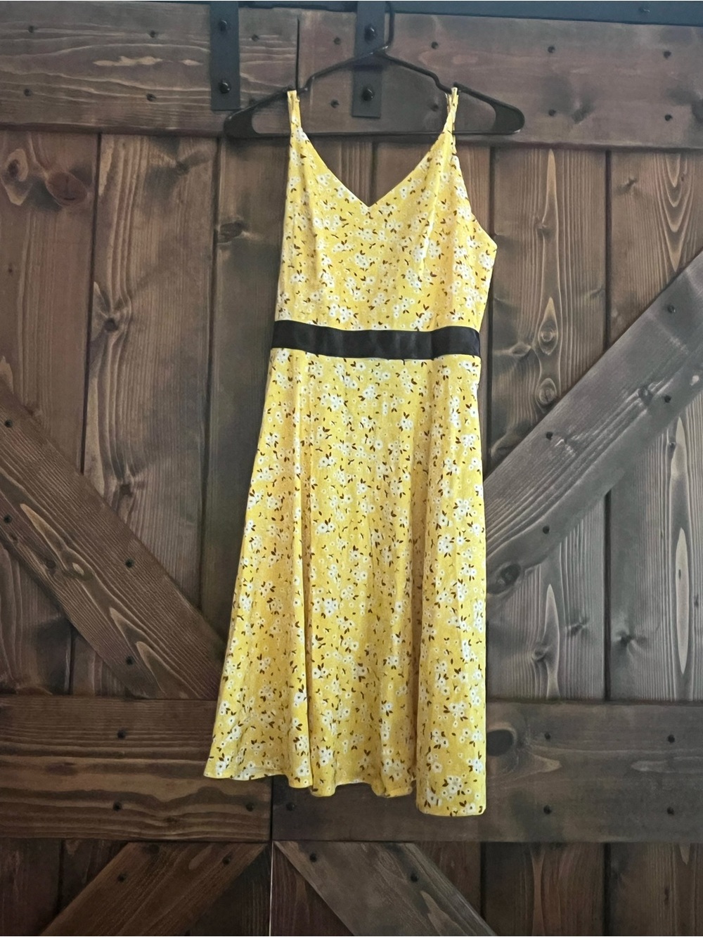 Yellow Floral Spaghetti-Strap Dress with Black Waist